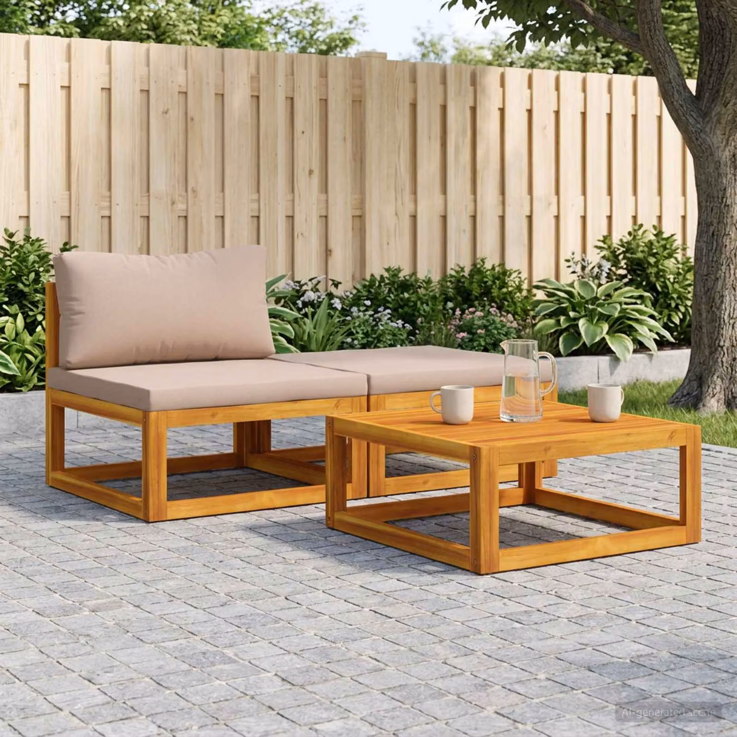 Set divano componibile da esterno vidaXL con tavolino e pouf in legno di acacia, beige o grigio