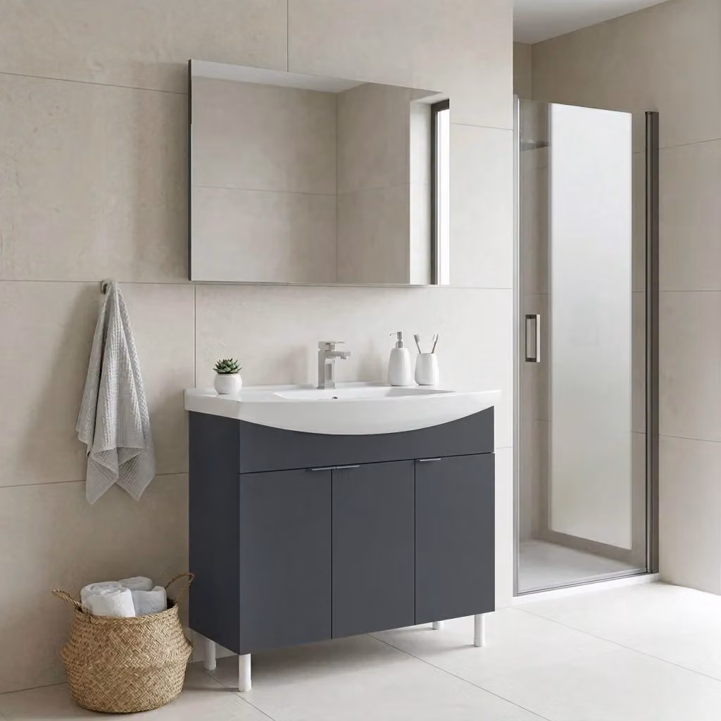 Set mobile lavabo con specchio Purus 100 di Hanah Home, colore antracite opaco, L 100 cm x P 50 cm x H 83 cm – 2