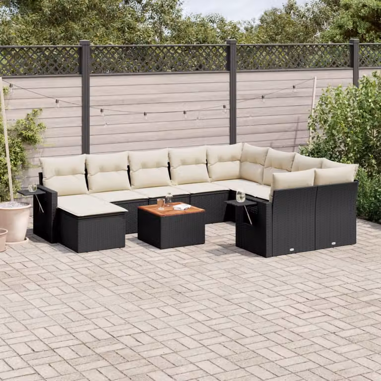 vidaXL Set Divani da Giardino 11 pz in Polyrattan Nero con Cuscini e Tavolino da Esterno