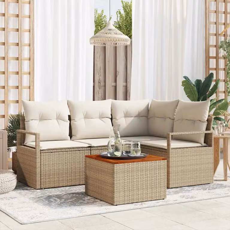 Set Divano da Giardino a L con Tavolino vidaXL in Polyrattan Beige e Bianco con Cuscini