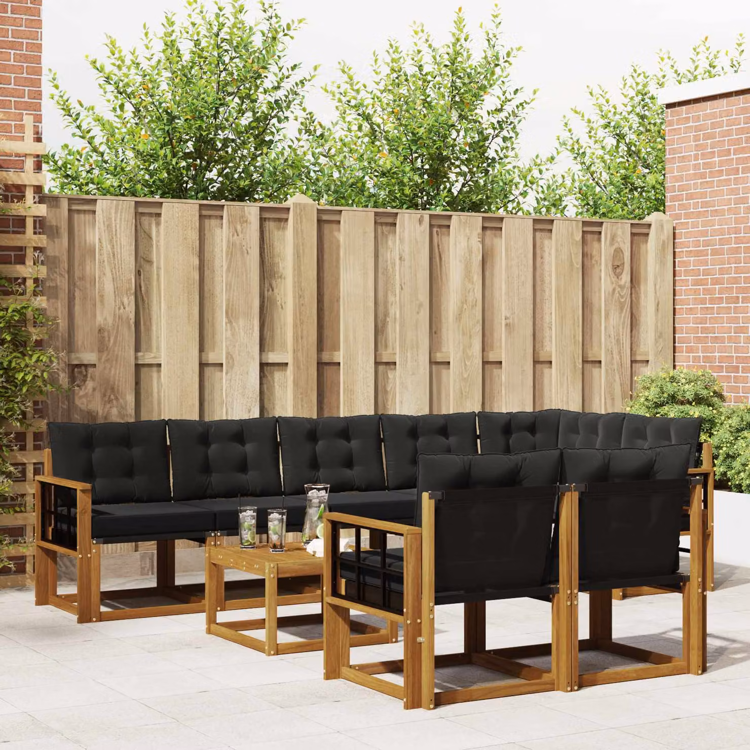Set di divani da esterno vidaXL 9 pezzi in legno di acacia e textilene, colore marrone e nero, con cuscini e tavolino da giardino
