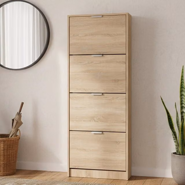 Scarpiera Pesche DMORA con ripiani, Marrone Rovere Chiaro, L: 58 cm, P: 18 cm, H: 155.5 cm – 1