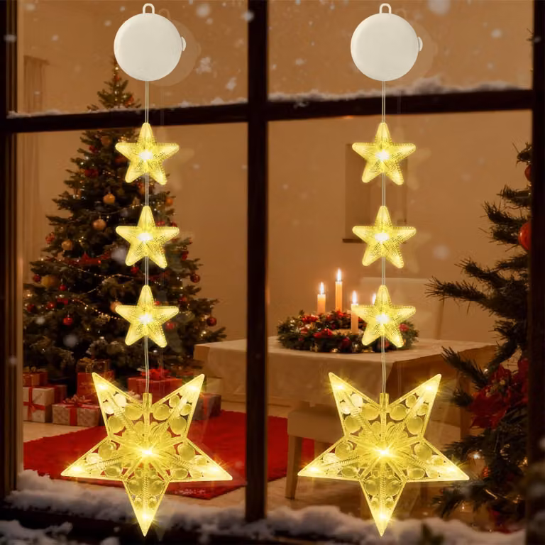 Set di 2 luci a LED a forma di stella, luce bianco caldo, con timer e ventose