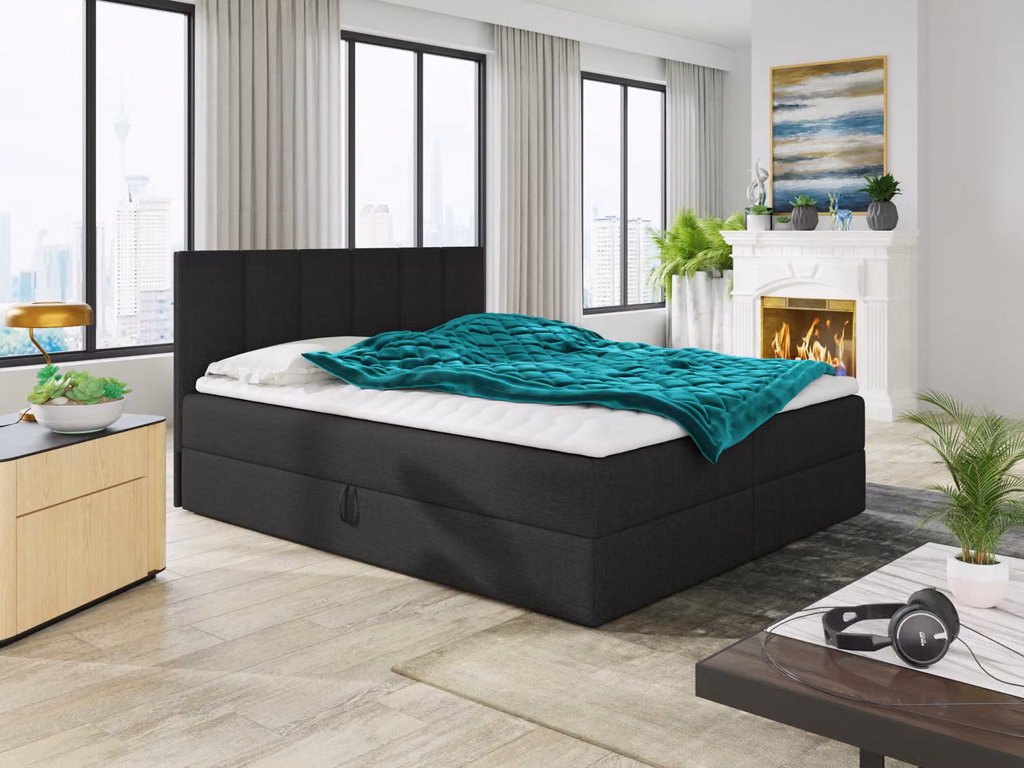Letto boxspring Star con topper, materasso Bonell e 2 cassetti, letto matrimoniale, letto imbottito, letto (nero (Inari 100), 140 x 200 cm)