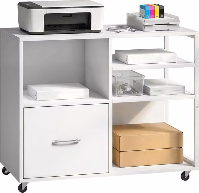 Carrello Mobile per Stampante Xylo Bianco con Cassetto Documenti A4 e Ripiani Aperti su Ruote