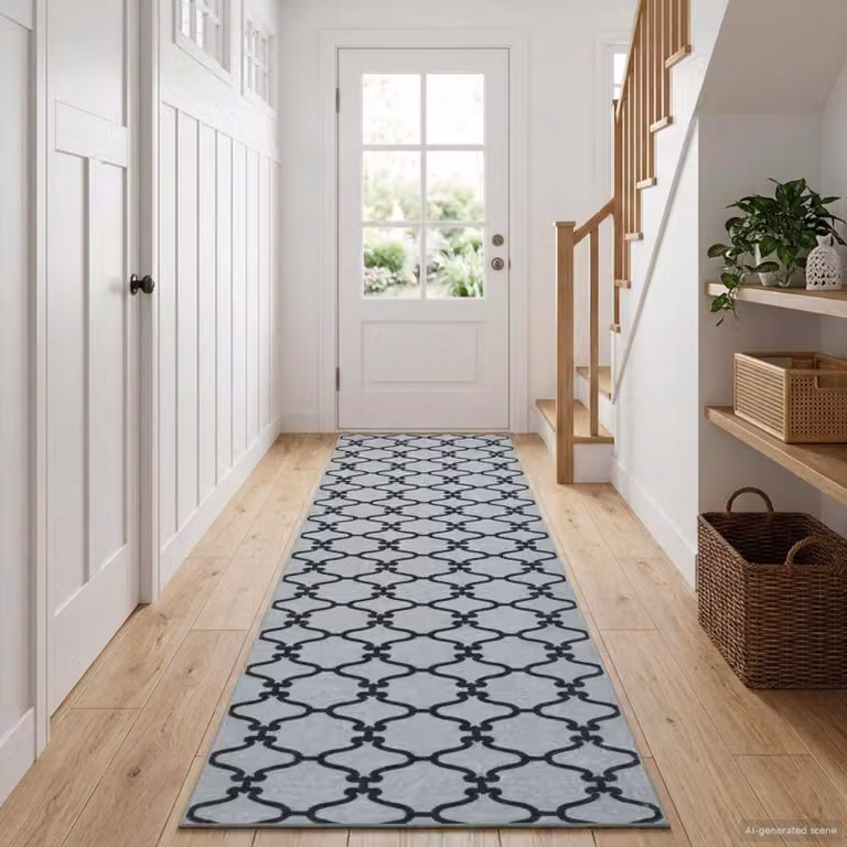 Tappeto Runner vidaXL ORIZ con motivo geometrico moderno in poliestere, Colore Nero e Grigio