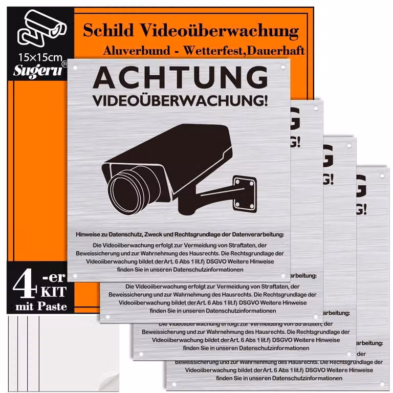 Segnaletica di sicurezza per videosorveglianza, pannello in alluminio composito, 150x150 mm, confezione da 4