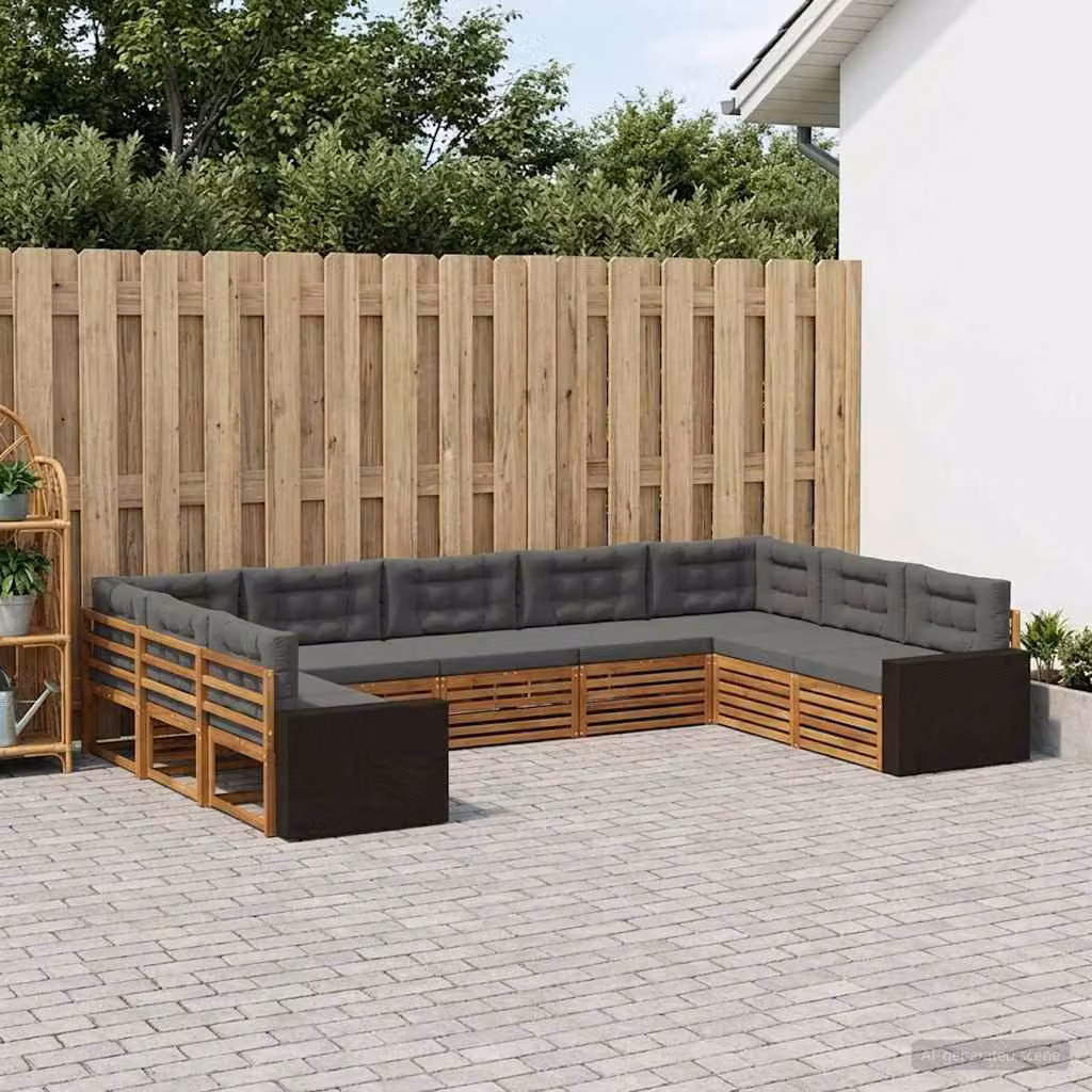 vidaXL Set di divani da esterno a L in legno di acacia con cuscini, 9 pezzi, Beige e Antracite