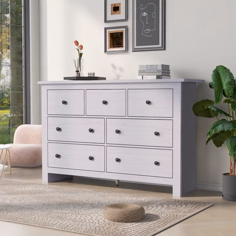 credenza okwish, credenza, mobile da cucina, mobile contenitore, credenza, mobile da terra, cassettiera, 7 cassetti, soggiorno, bianco, 140 x 40 x 89 cm