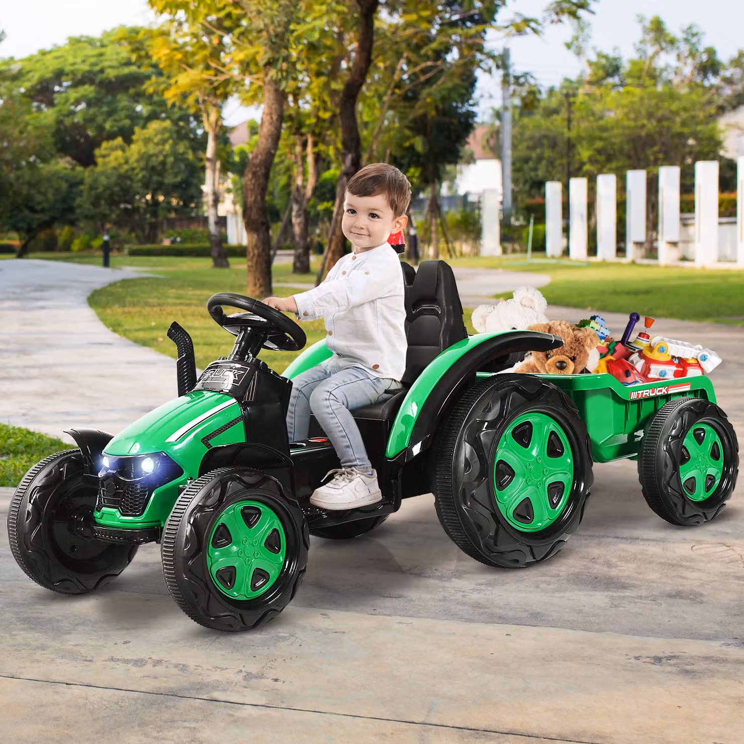 Costway Trattore Elettrico per Bambini con Rimorchio e Telecomando, Giocattolo 2 in 1 Verde con Batteria Ricaricabile e Luci e Suoni – 3