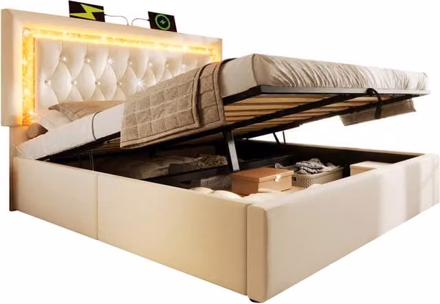 Letto imbottito 160x200 cm in velluto beige con testiera LED, USB e Type-C, contenitore idraulico, rete e materasso inclusi