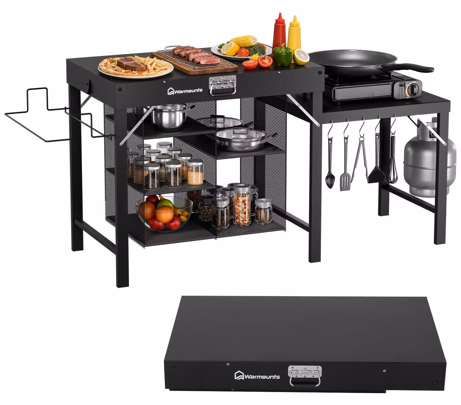 Carrello barbecue portatile - Tavolo da barbecue con ruote - Tavolino multifunzionale - Supporto per barbecue autoportante - Ideale per giardino, terrazza, campeggio
