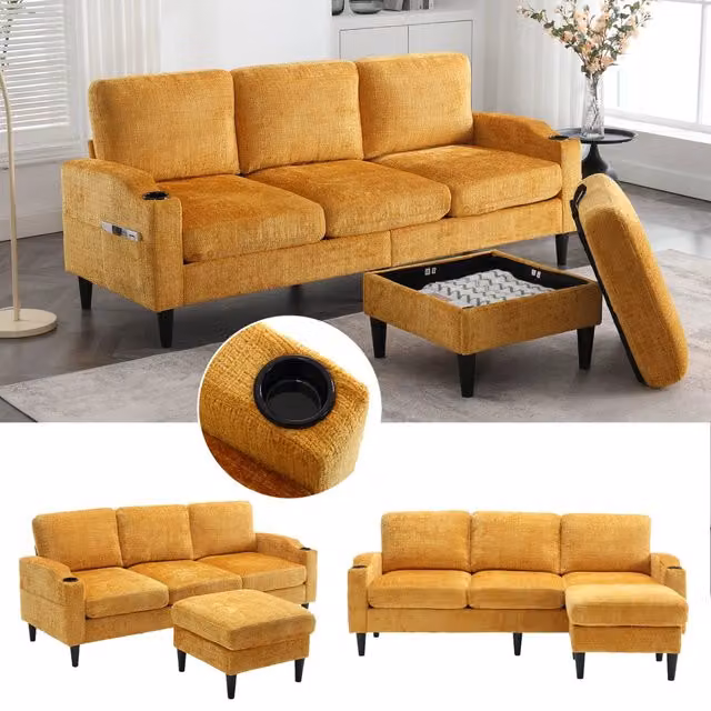 Divano modulare 4 posti con pouf contenitore portabevande e tasche laterali in ciniglia giallo 196,5 × 75 × 77 cm