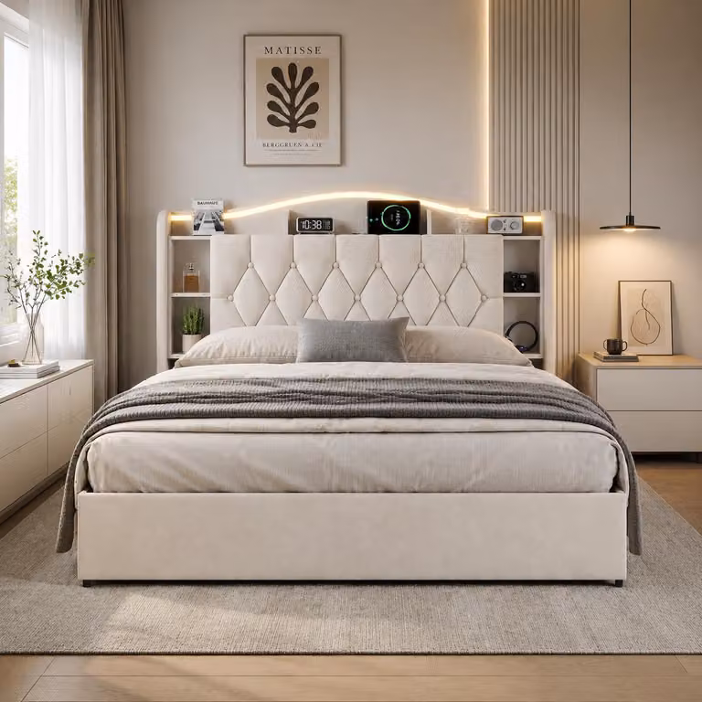 Letto imbottito INONEFT, 140x200 cm, con illuminazione LED, porte USB di tipo C e tradizionali, letto con sistema di sollevamento idraulico e 7 vani portaoggetti integrati nella testiera, rivestito in velluto, colore beige