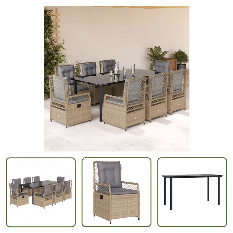 The Living Store Set da pranzo da giardino 9 pezzi con cuscini Beige poly rattan
