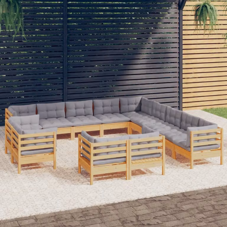 The Living Store Set da salotto da giardino da 13 pezzi con cuscini grigi in legno di pino massiccio