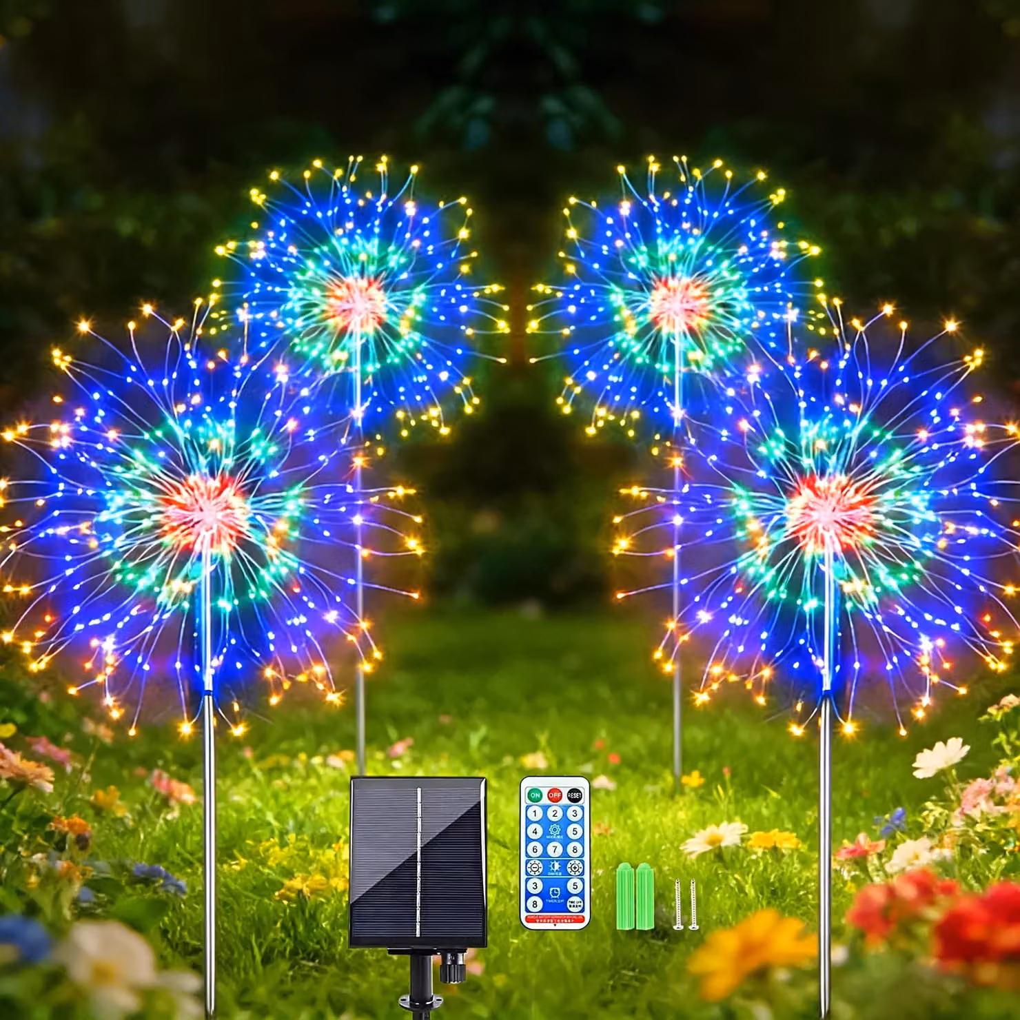 Set di 4 luci decorative solari, con 120 LED, grado di protezione IP65, con telecomando