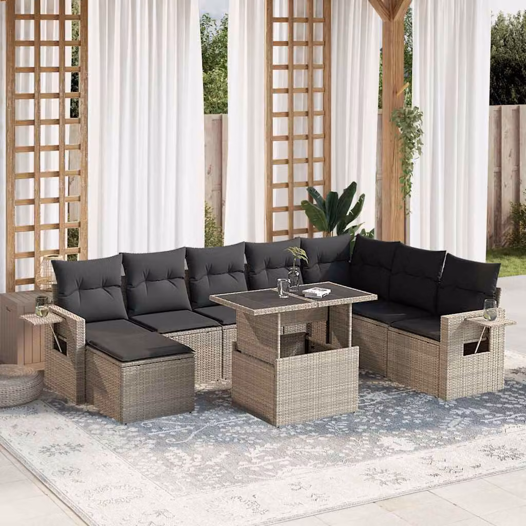 vidaXL Set Divano da Giardino a L 9pz in Polyrattan con Cuscini Antracite e Tavolino in Vetro – 1