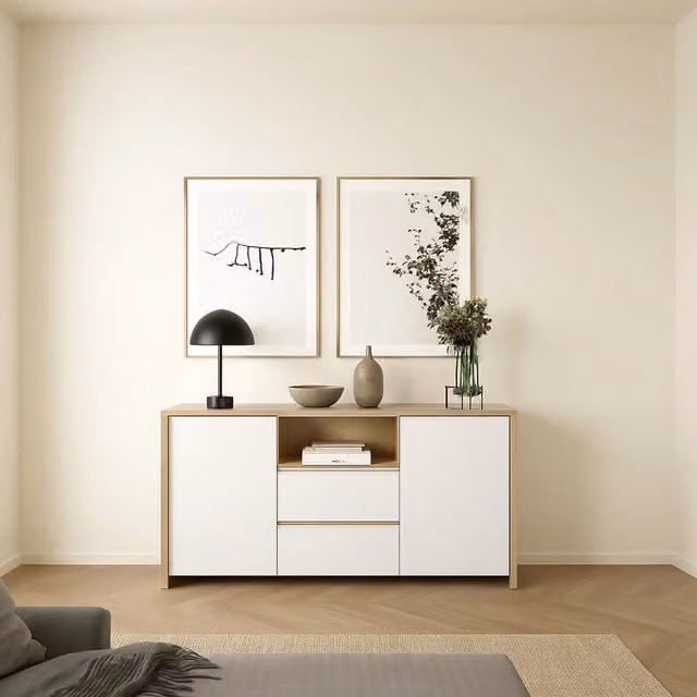 Credenza Alalngar DMORA, Buffet e Madia per Soggiorno o Cucina, Rovere e Bianco lucido, L: 149 cm, P: 48 cm, H: 84 cm – 1