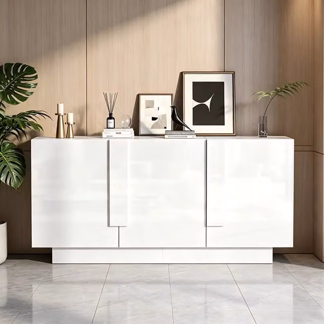 Credenza da soggiorno moderna con 3 ante in finitura lucida bianca, L: 160 cm, P: 60 cm, H: 35 cm