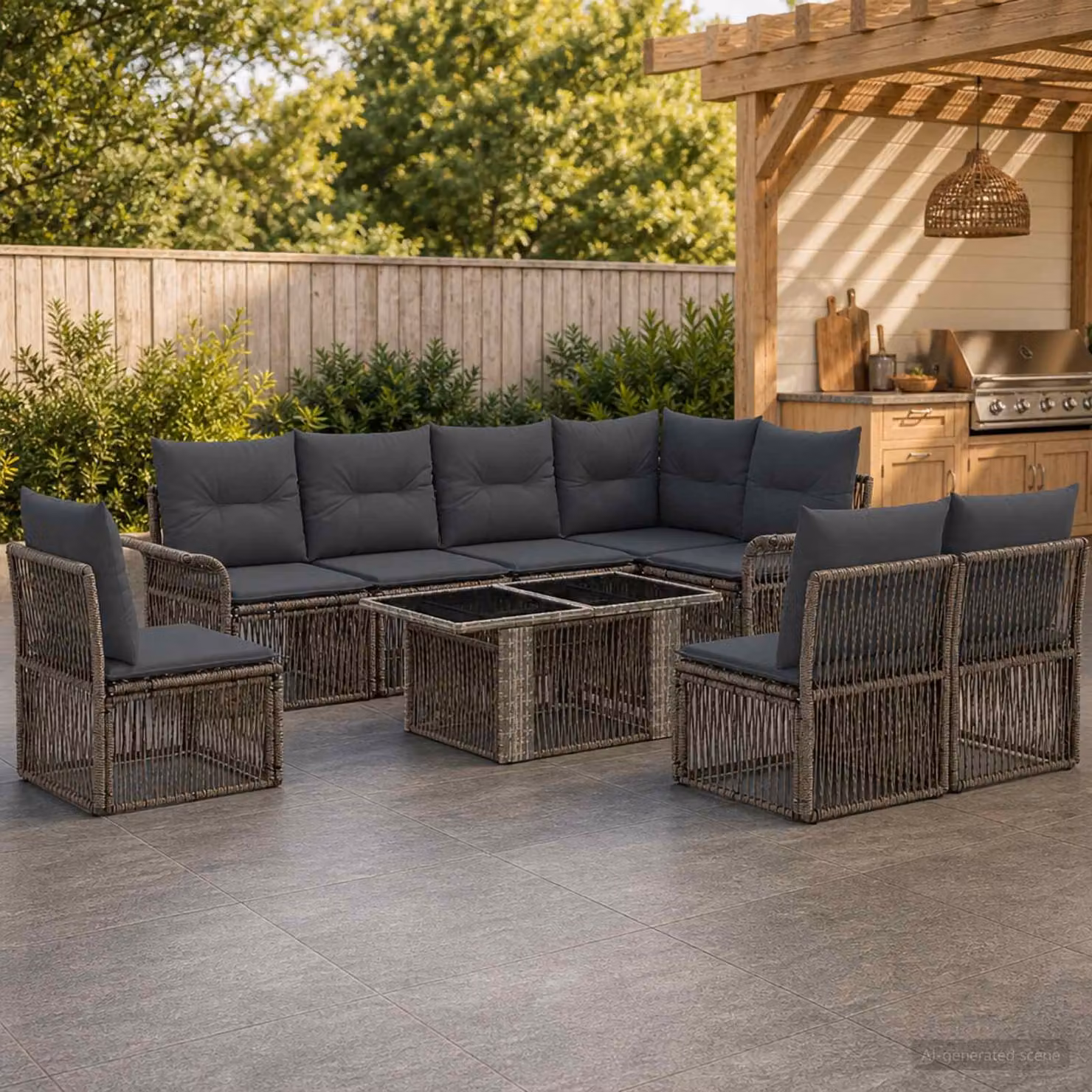 Set Divano da Giardino vidaXL 9 pz in Polyrattan Grigio e Antracite con Cuscini e Tavolino da Esterno
