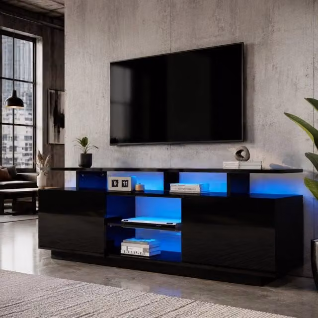 Mobile TV ULEVR 140 cm con 2 ante lucide, 5 vani aperti e illuminazione LED controllata tramite app, nero
