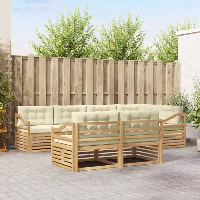 Set di divani da esterno a L vidaXL in legno di acacia con cuscini, Bianco e Beige
