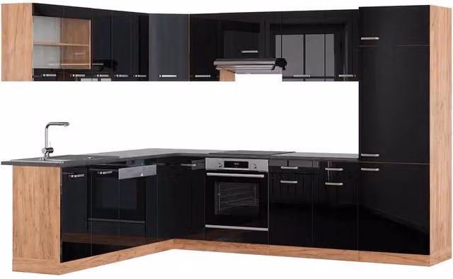 Cucina angolare moderna Vicco R-Line in Nero lucido e Rovere dorato con piano antracite, L: 287 cm, H: 227 cm