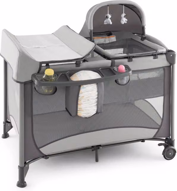 Culla da viaggio pieghevole per neonati con fasciatoio, Lettino a ruote multifunzionale 5 in 1 portata 15kg Grigio