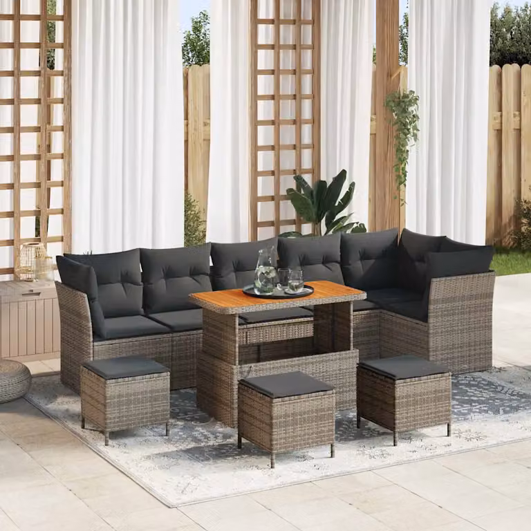 Set Divano da Giardino vidaXL 10 Pezzi in Polyrattan Grigio con Cuscini e Tavolino