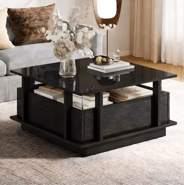 Tavolino da salotto quadrato 70 x 70 x 35 cm con 2 cassetti; LED; divisori in acrilico; nero lucido