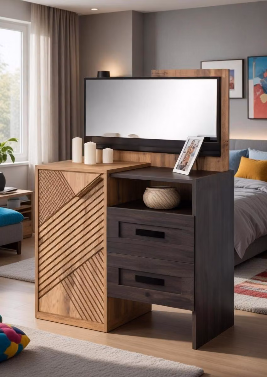 Toeletta con specchio e spazio contenitivo per una camera da letto moderna