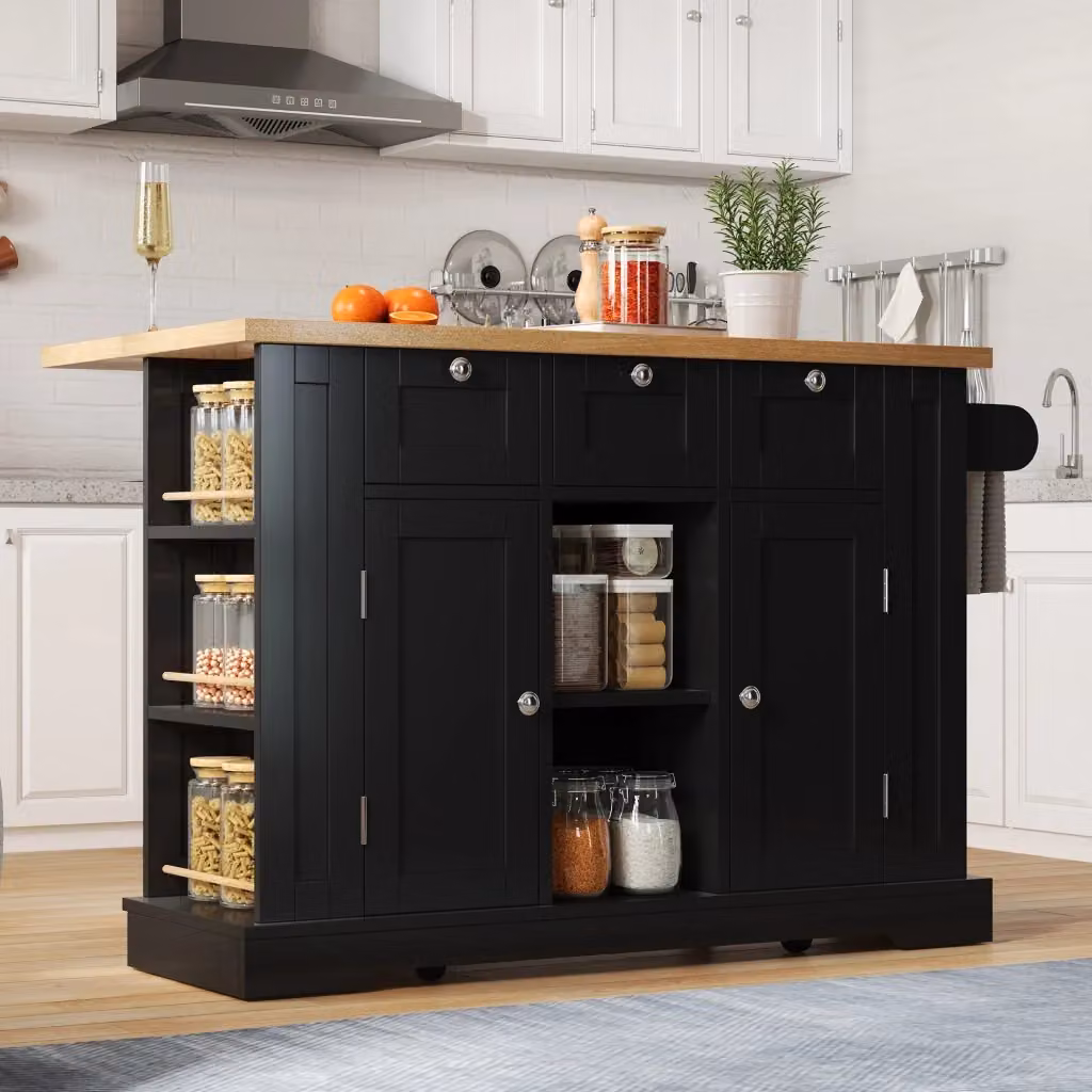 Isola da cucina mobile WISHDOR con piano ribaltabile, 3 cassetti, ante, prese integrate e ruote, effetto legno naturale e nero, L/P/H: 132 x 40 x 87 cm – 2