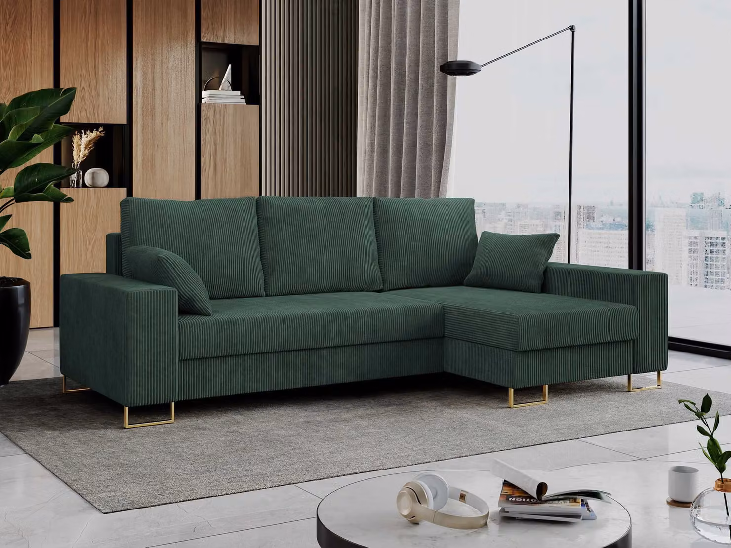 Divano ad angolo, divano letto, divano a L con base letto - DORIAN-L - Verde
