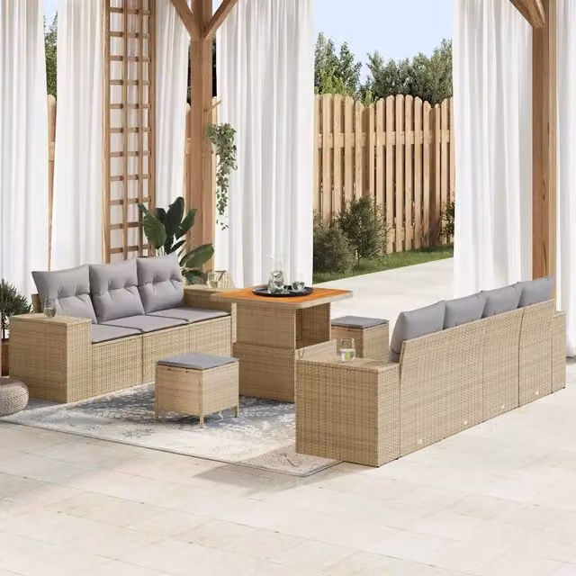 Set Divano da Giardino con cuscino 10 pcs Beige e Grigio Chiaro