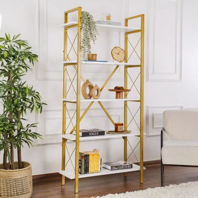 Libreria Suriel DMORA, Scaffale Moderno in Metallo per Ufficio e Soggiorno, Bianco e Oro, L: 90 cm, P: 34 cm, H: 180 cm