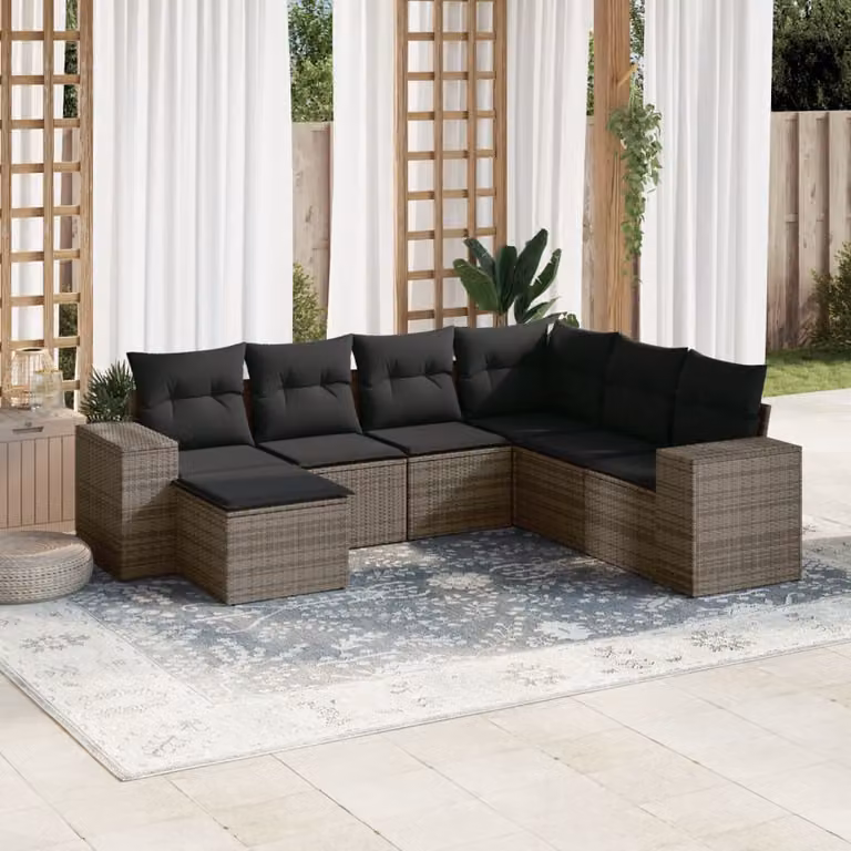 Set di divani da giardino vidaXL in polyrattan grigio con cuscini, composizione a L con 7 pezzi per esterno