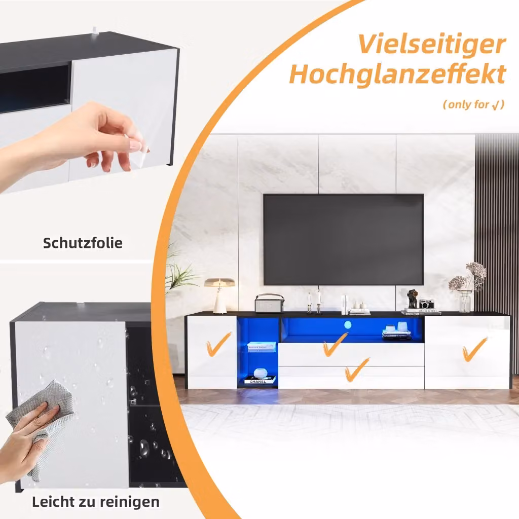 Mobile TV moderno REDOM con illuminazione LED integrata, 2 cassetti e 2 ante, finitura lucida bianco e nero, L 180 cm x P 40 cm x H 45 cm – 2