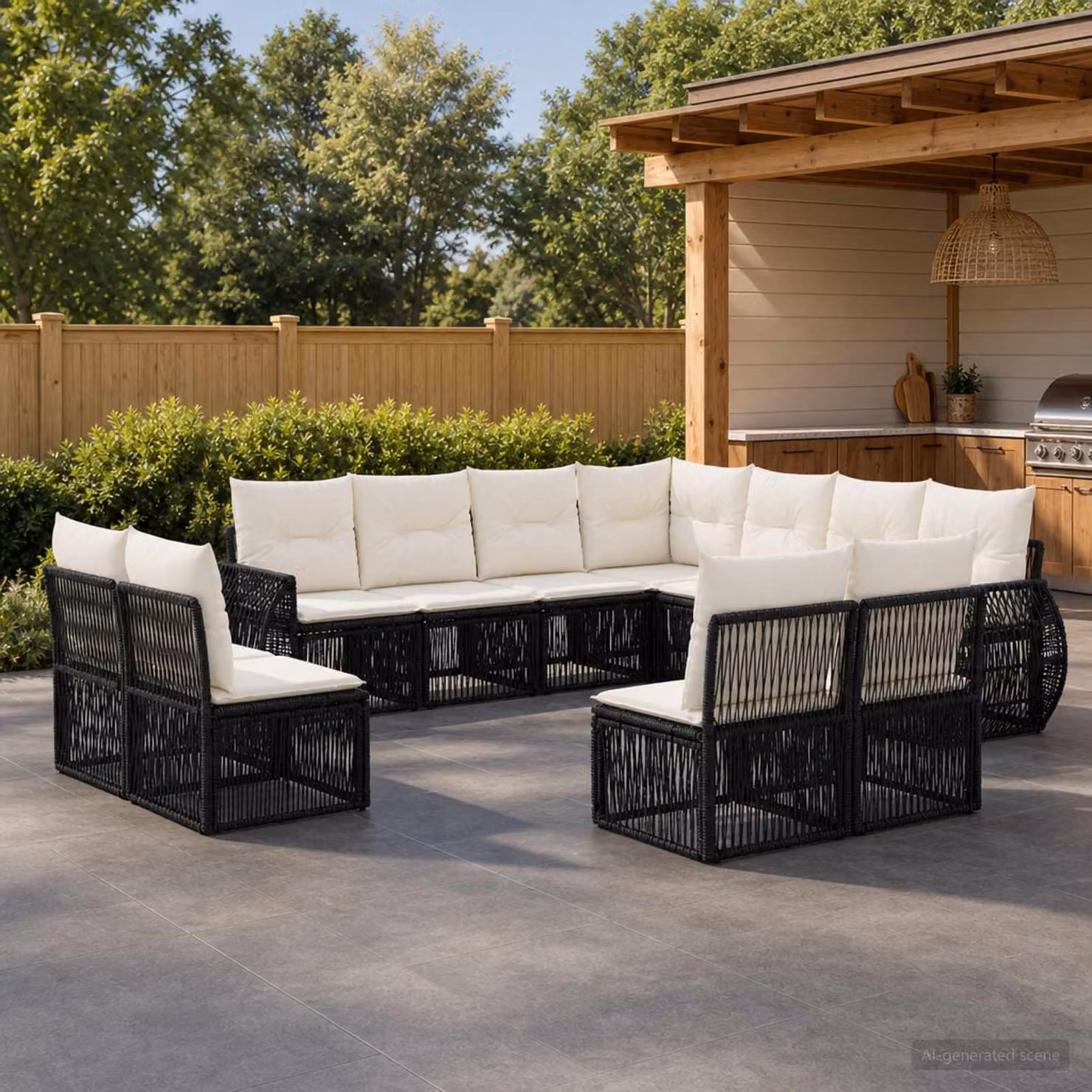 Set Divano da Giardino vidaXL 11 pz a Forma a U in Polyrattan con Cuscini Nero e Bianco Crema
