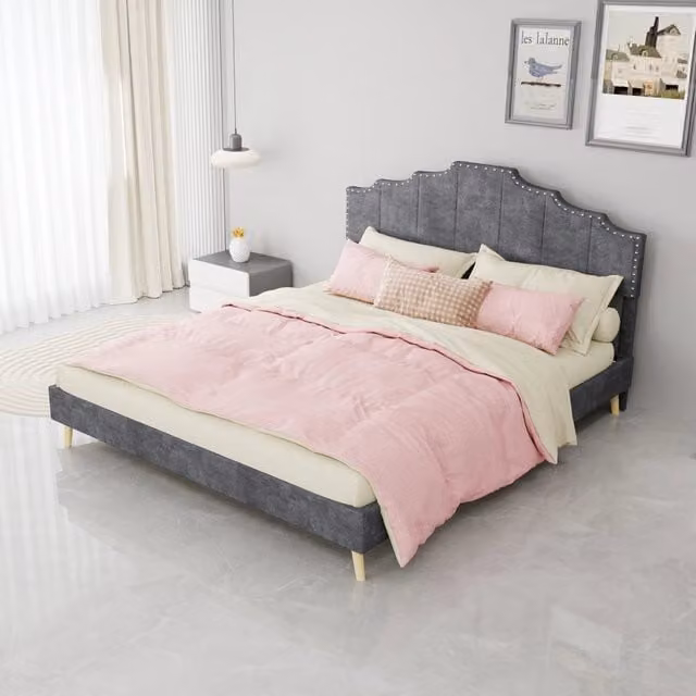 Letto moderno KOMHTOM in tessuto e metallo grigio con contenitore a sollevamento L/P/H: 160 x 200 cm