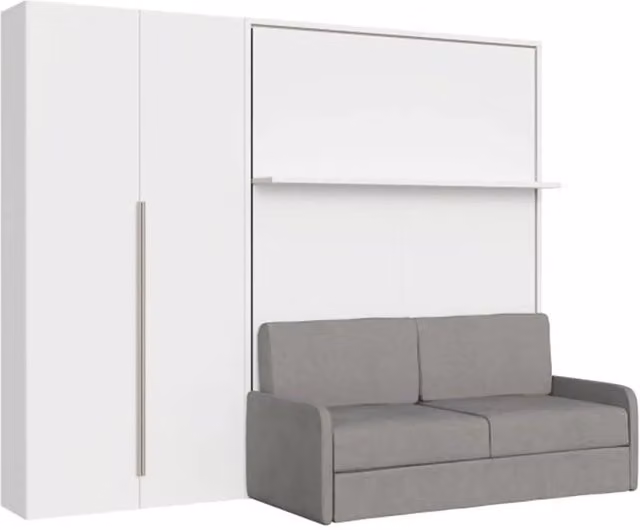 Letto matrimoniale a scomparsa Versia con divano e armadio a sinistra con 2 ante, colore bianco, L/P/H: 160 x 200 cm