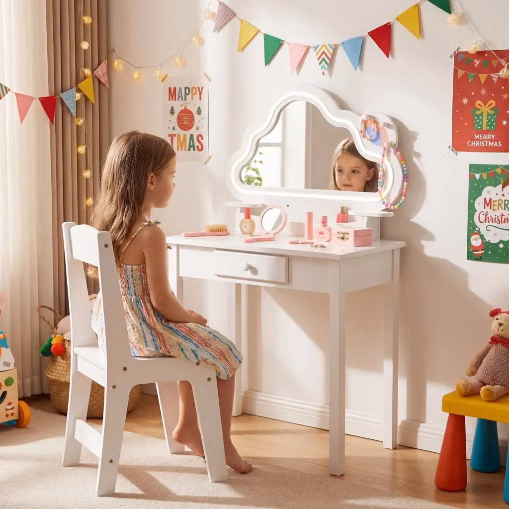 Set postazione trucco per bambini con specchio a forma di nuvola con luci LED, sgabello e cassetto in legno bianco – 2