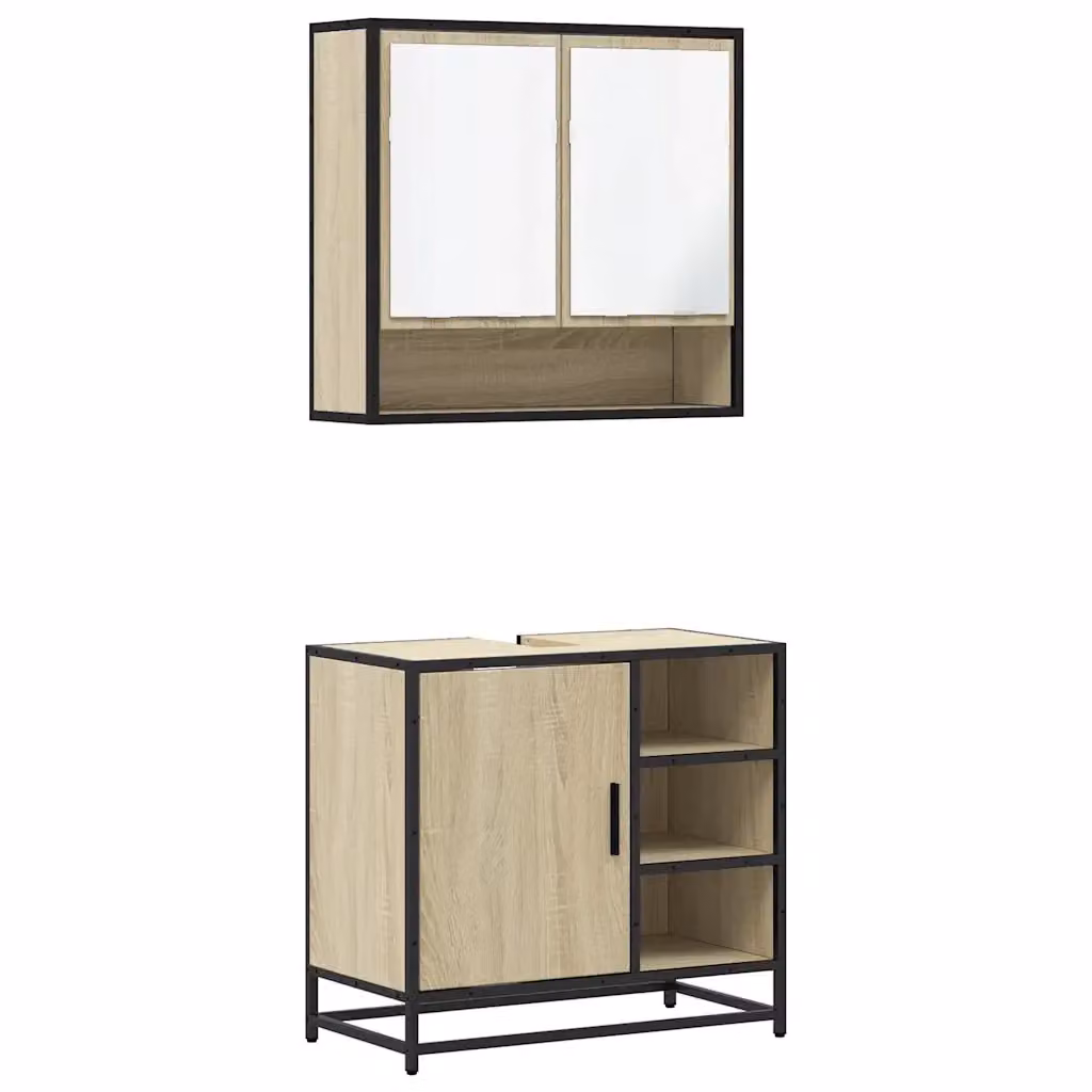 Set Mobili da Bagno Industrial vidaXL in Legno e Metallo Marrone con Armadietto Specchio e Mobile Lavabo con Illuminazione LED L/P/H: 65 x 33 x 60 cm – 2