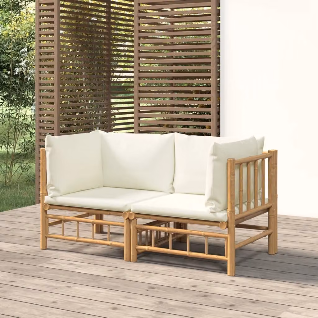 The Living Store Divani angolari da giardino con cuscini bianco crema 2 pz. Bambù