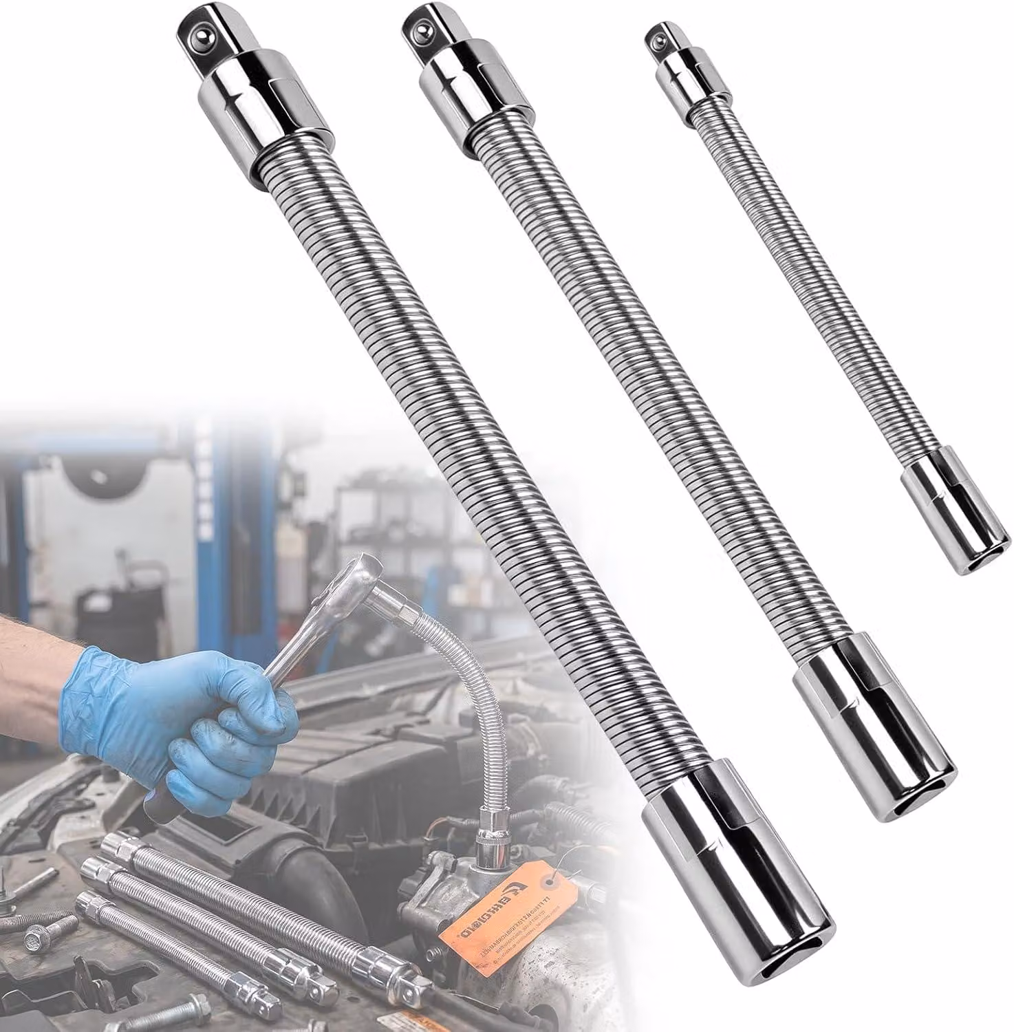 Prolunga flessibile per chiavi, 3 pezzi, 1/4", 3/8", 1/2", per utensili