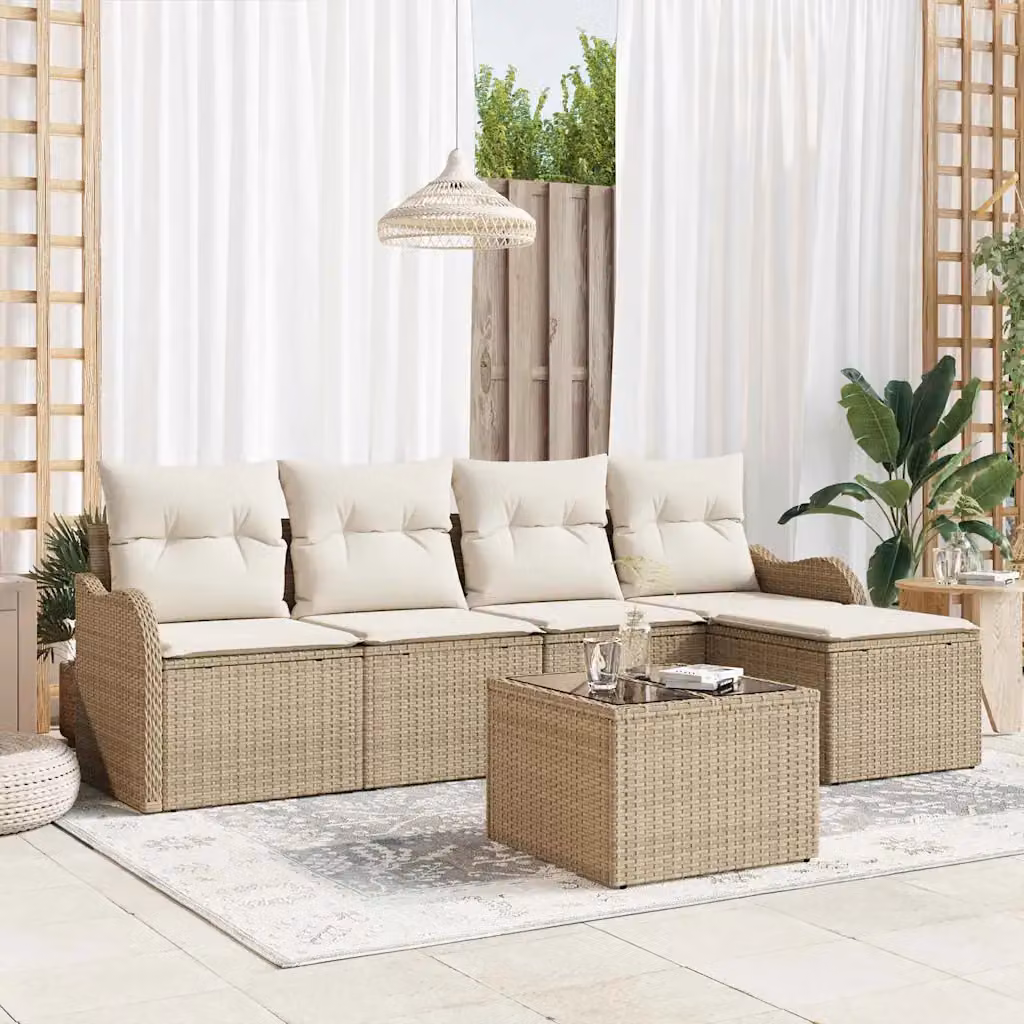 Set Divano da Giardino vidaXL 6 Pezzi Beige con Tavolino e Pouf in Rattan e Acciaio