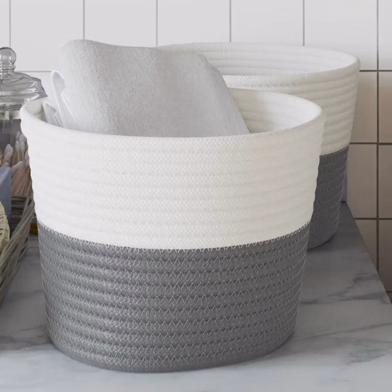 Set di 2 cestini portaoggetti vidaXL in tessuto multicolore grigio e bianco con maniglie, Ø 24 cm x H 18 cm
