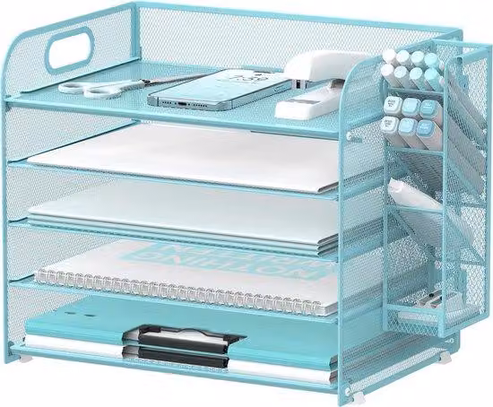 Organizer da scrivania a 5 cassetti con maniglia e portapenne rimovibili, organizer da scrivania per documenti e cartelle, portadocumenti per forniture da ufficio (blu)