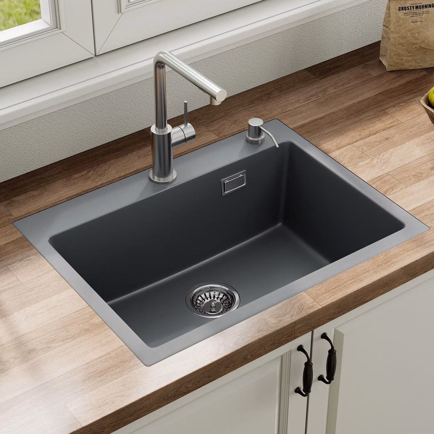 HOROW Lavello in granito, 60x45 cm, lavello da cucina, lavello da incasso, 1 vasca, completo di sifone, grigio. Lavello con foro per il rubinetto, sifone, kit di scarico e troppo pieno