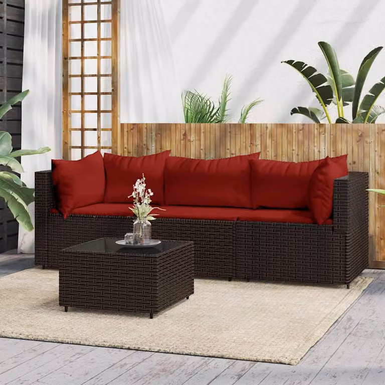 Set da giardino moderno vidaXL composto da divano a 3 posti, elemento angolare, tavolino da caffè e cuscini in tessuto marrone e rosso con struttura in metallo e rattan